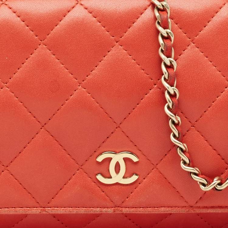 Pre Owned Chanel Orange Quilted Leather CC Wallet On Chain