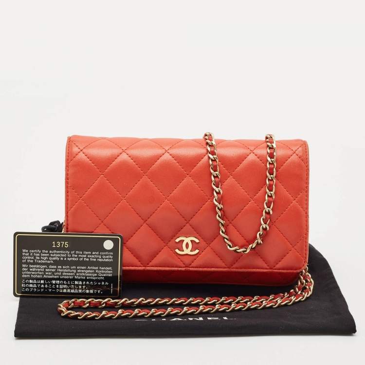Pre Owned Chanel Orange Quilted Leather CC Wallet On Chain