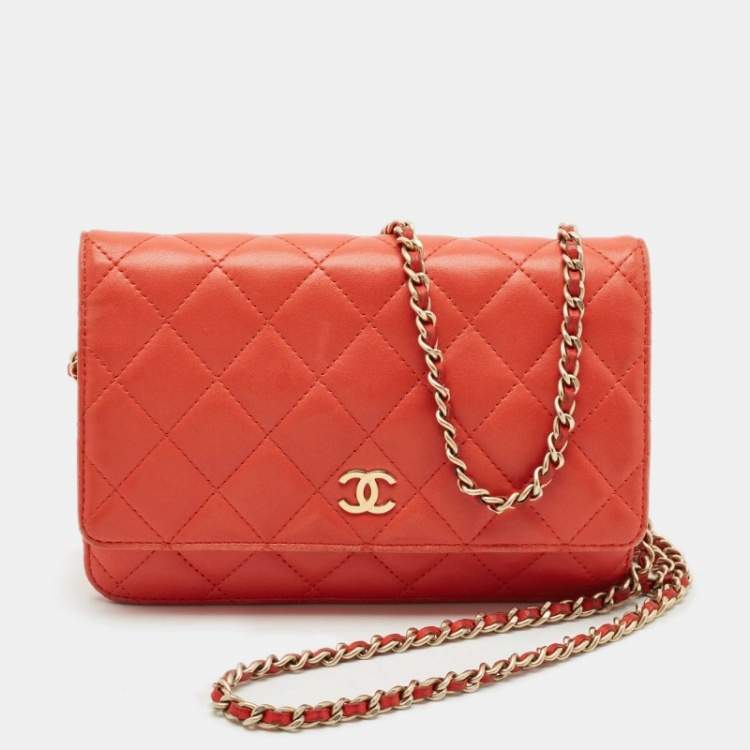 Pre Owned Chanel Orange Quilted Leather CC Wallet On Chain