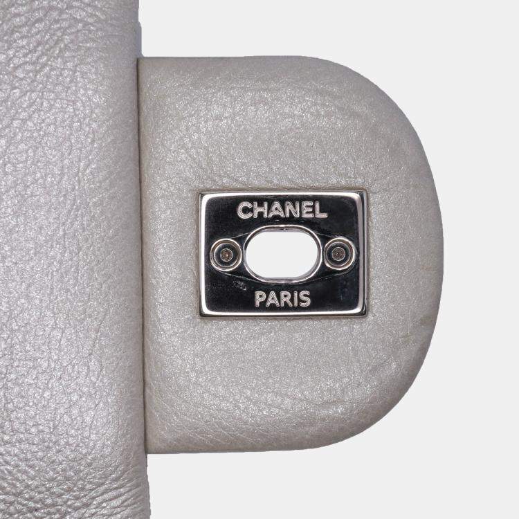 Pre Owned Chanel Silver Medium Chevron Calfskin Stud Wars Flap Bag