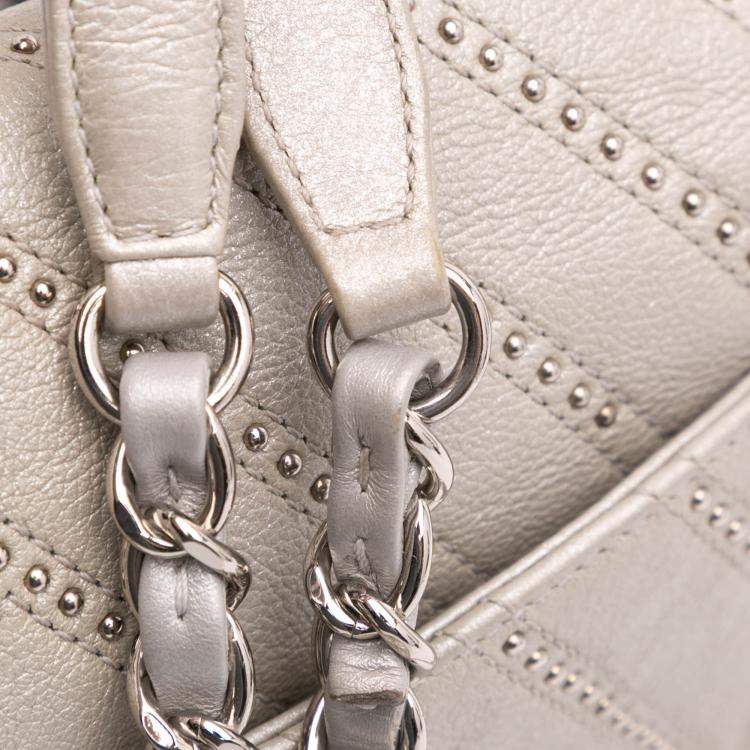 Pre Owned Chanel Silver Medium Chevron Calfskin Stud Wars Flap Bag