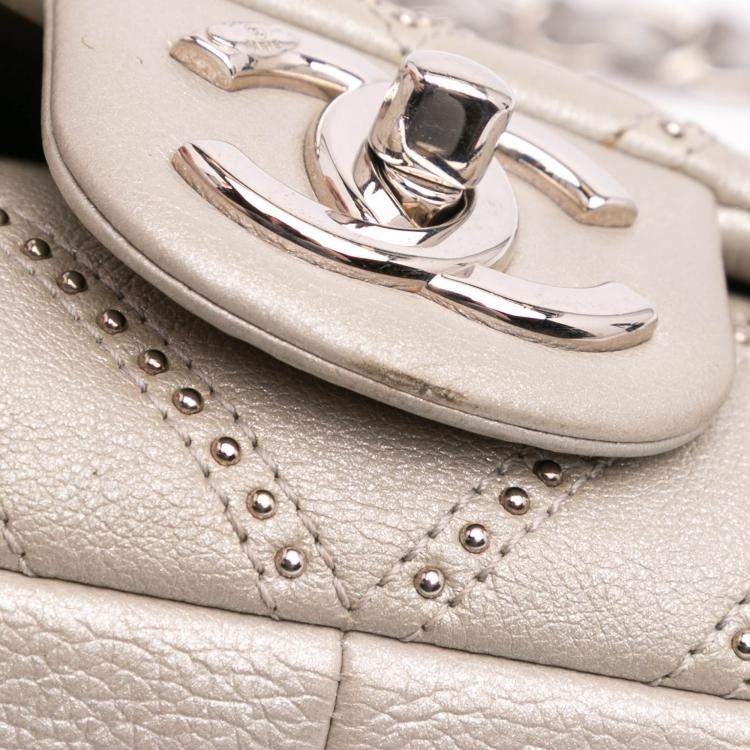 Pre Owned Chanel Silver Medium Chevron Calfskin Stud Wars Flap Bag