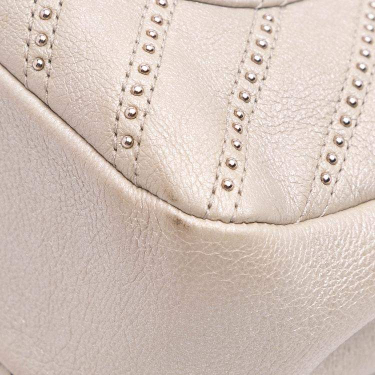 Pre Owned Chanel Silver Medium Chevron Calfskin Stud Wars Flap Bag