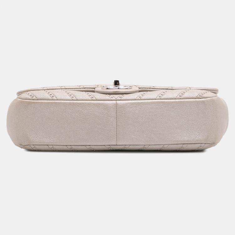 Pre Owned Chanel Silver Medium Chevron Calfskin Stud Wars Flap Bag