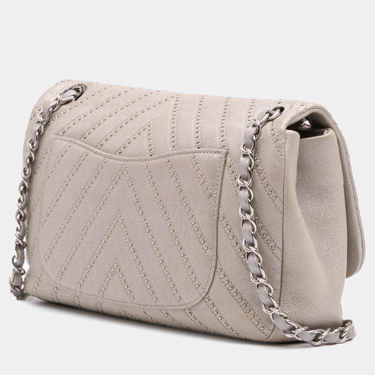 Pre Owned Chanel Silver Medium Chevron Calfskin Stud Wars Flap Bag
