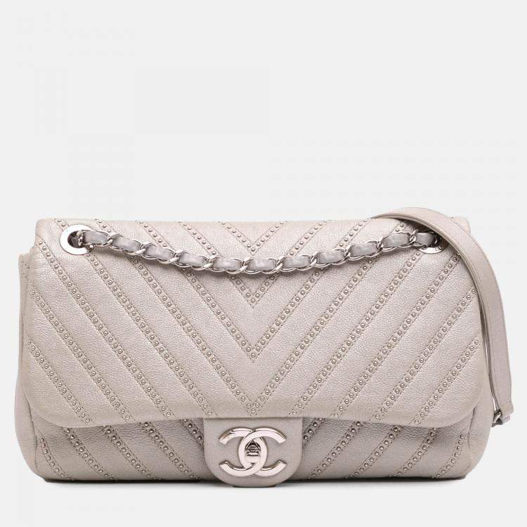 Pre Owned Chanel Silver Medium Chevron Calfskin Stud Wars Flap Bag