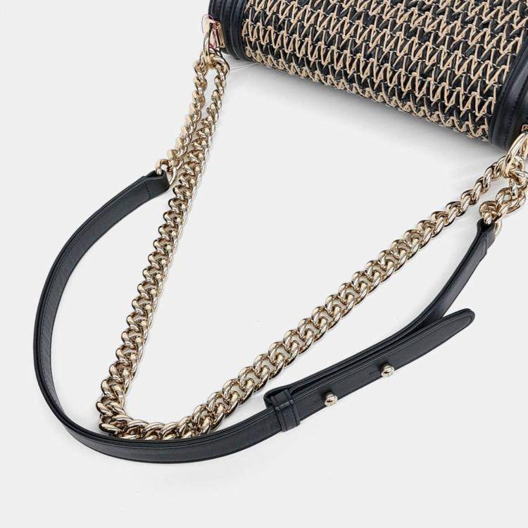 Pre Owned Chanel Beige Black Leather Boy Medium Bag