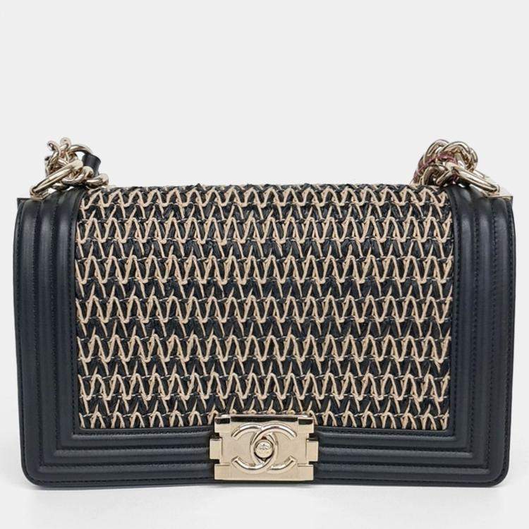 Pre Owned Chanel Beige Black Leather Boy Medium Bag