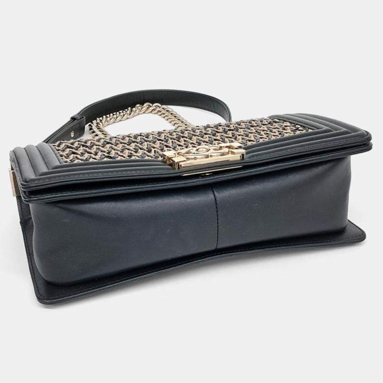 Pre Owned Chanel Beige Black Leather Boy Medium Bag