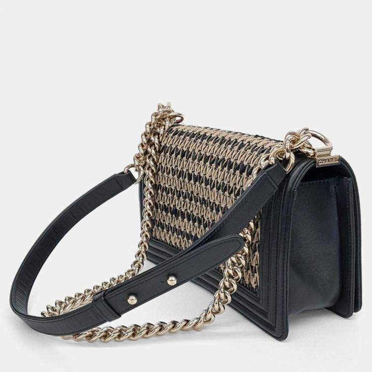 Pre Owned Chanel Beige Black Leather Boy Medium Bag