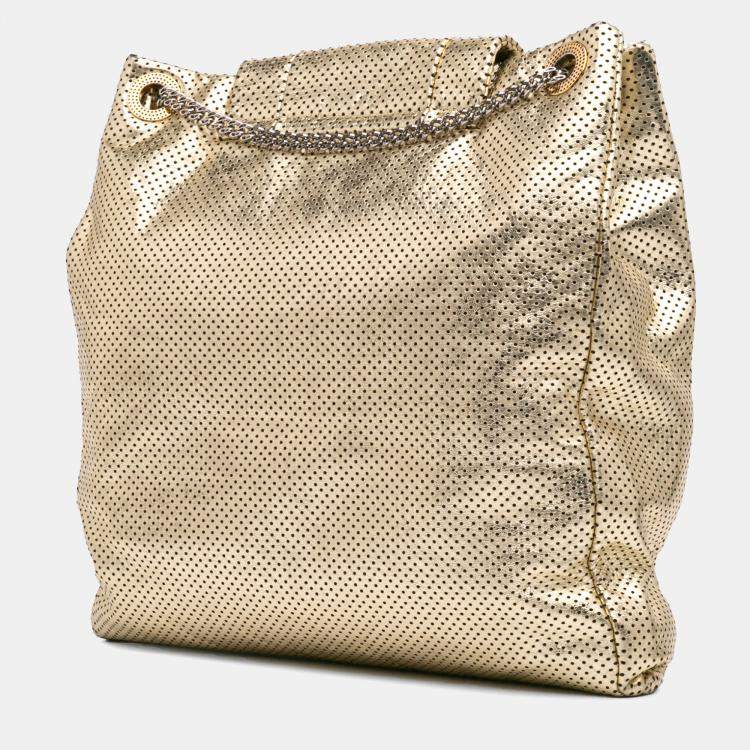 Pre Owned Chanel Gold Perforated Crackled Metallic Calfskin Drill Tote