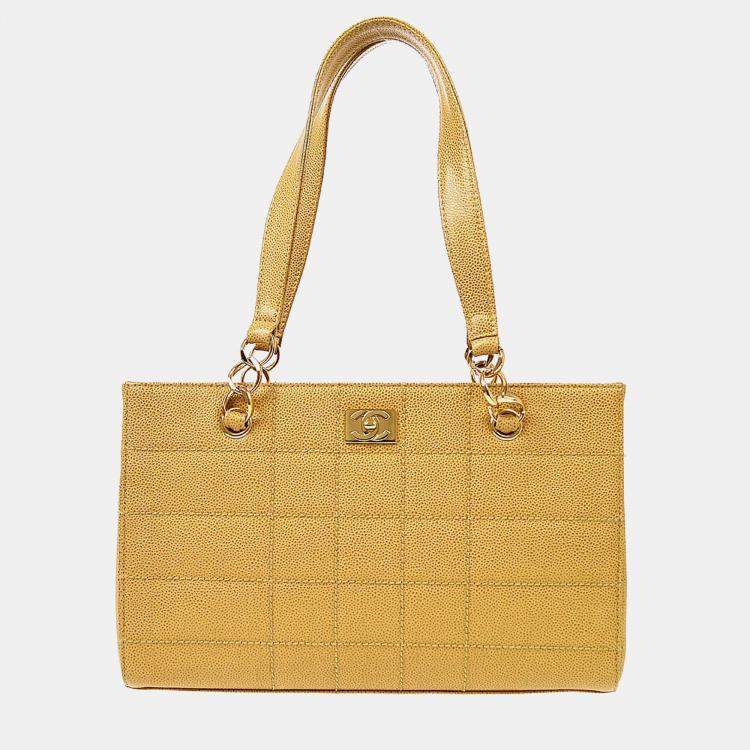 Pre Owned Chanel Beige Calfskin Wild Stitch Choco Bar Chain Tote Bag