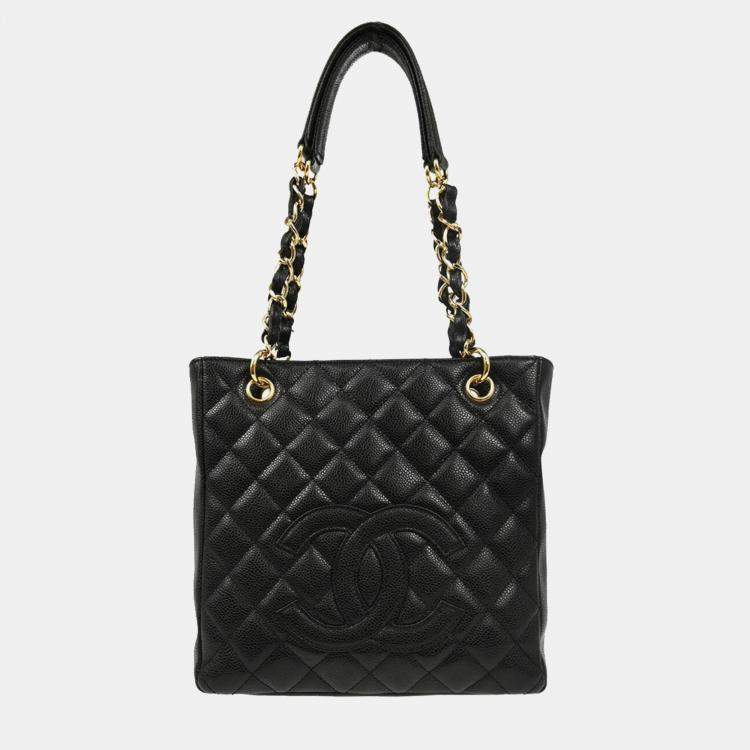 Pre Owned Chanel Black Calfskin Petite Shopping Tote PST Chain Handbag