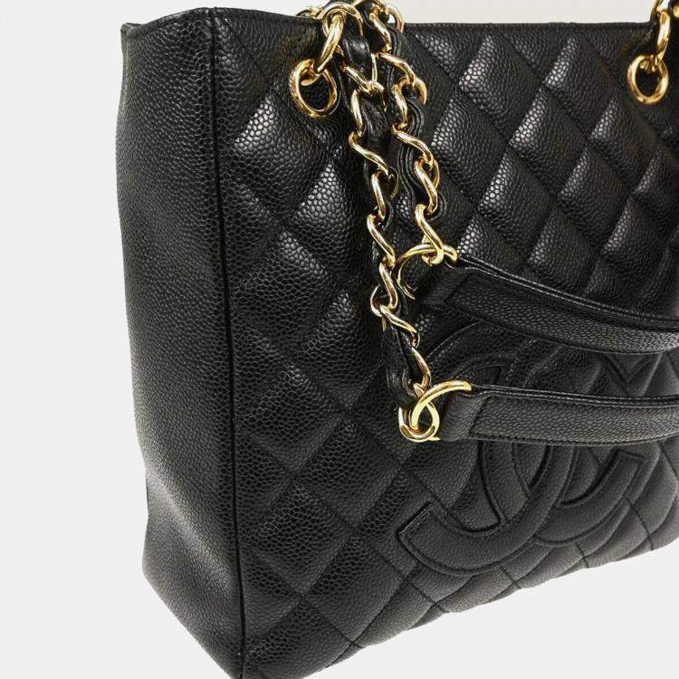 Pre Owned Chanel Black Calfskin Petite Shopping Tote PST Chain Handbag