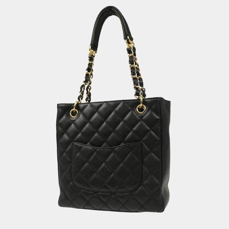 Pre Owned Chanel Black Calfskin Petite Shopping Tote PST Chain Handbag