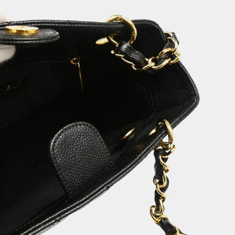 Pre Owned Chanel Black Calfskin Petite Shopping Tote PST Chain Handbag