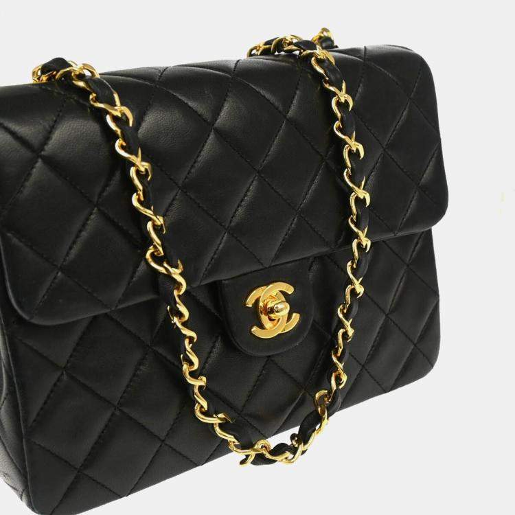 Pre Owned Chanel Black Lambskin Classic Square Flap Shoulder Bag