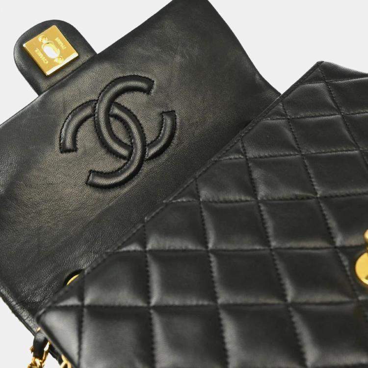Pre Owned Chanel Black Lambskin Classic Square Flap Shoulder Bag