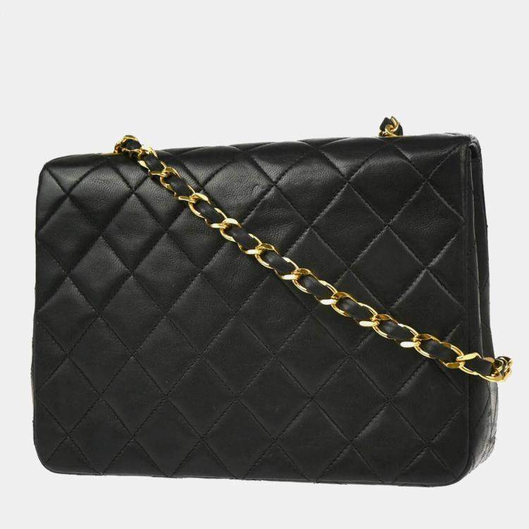 Pre Owned Chanel Black Lambskin Classic Square Flap Shoulder Bag