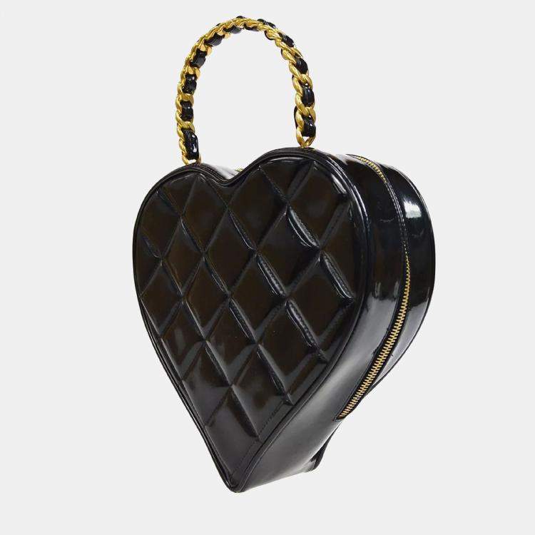 Pre Owned Chanel Black Patent Leather Heart Vanity Handbag
