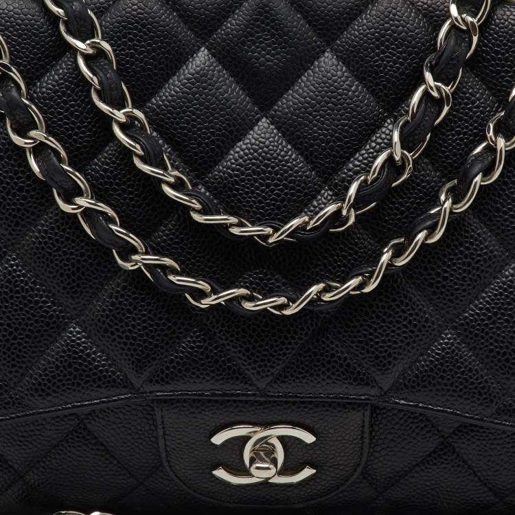 Pre Owned Chanel Black Quilted Caviar Leather Jumbo Classic Single Flap Bag