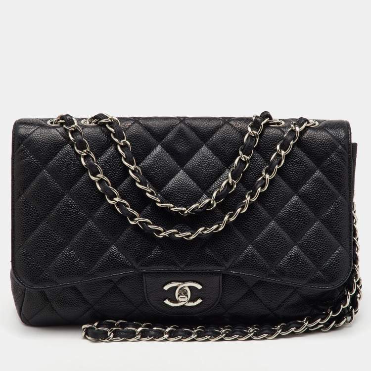Pre Owned Chanel Black Quilted Caviar Leather Jumbo Classic Single Flap Bag