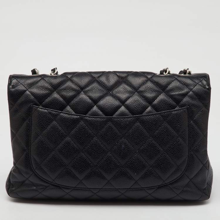 Pre Owned Chanel Black Quilted Caviar Leather Jumbo Classic Single Flap Bag