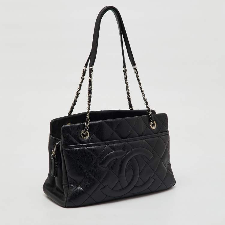 Pre Owned Chanel Black Quilted Caviar Soft Leather Medium Timeless Shopping Tote
