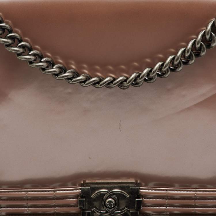 Pre Owned Chanel Beige Patent Leather Large Reverso Boy Flap Bag