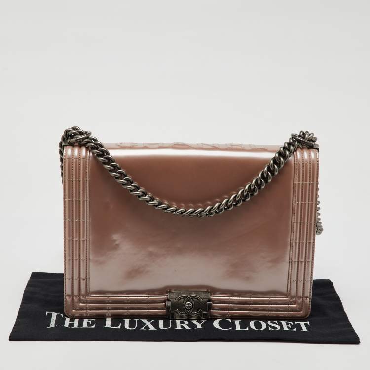 Pre Owned Chanel Beige Patent Leather Large Reverso Boy Flap Bag