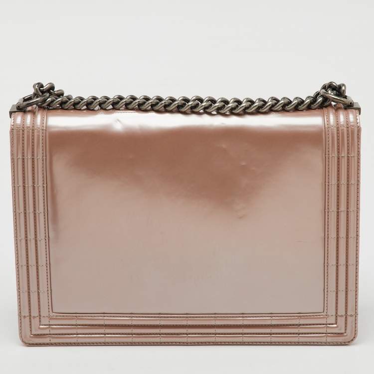 Pre Owned Chanel Beige Patent Leather Large Reverso Boy Flap Bag