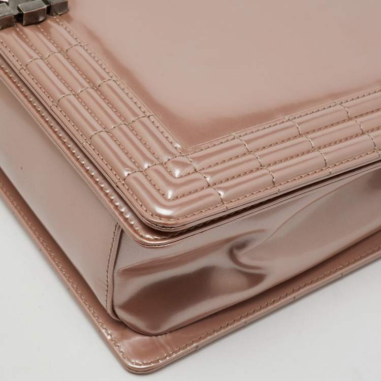 Pre Owned Chanel Beige Patent Leather Large Reverso Boy Flap Bag