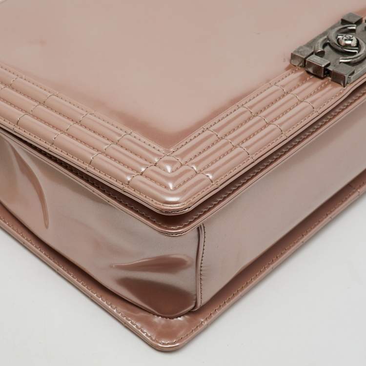 Pre Owned Chanel Beige Patent Leather Large Reverso Boy Flap Bag