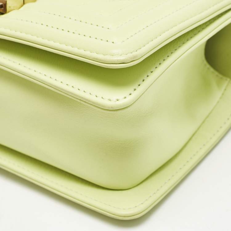 Pre Owned Chanel Yellow Green Chevron Leather Small Boy Flap Bag