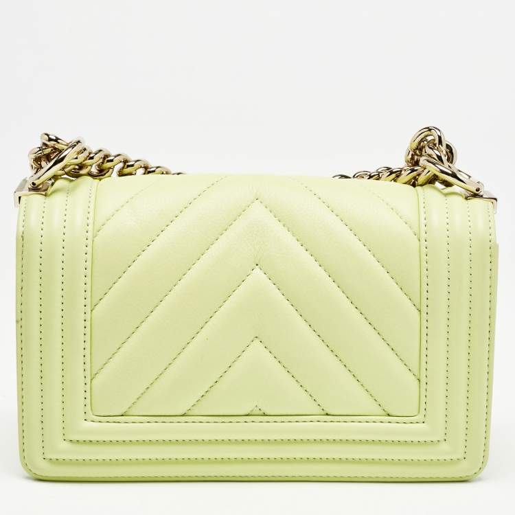Pre Owned Chanel Yellow Green Chevron Leather Small Boy Flap Bag