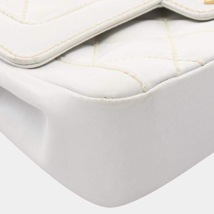 Pre Owned Chanel White Leather  Wild Stitch CC Coco Top Handle bag 