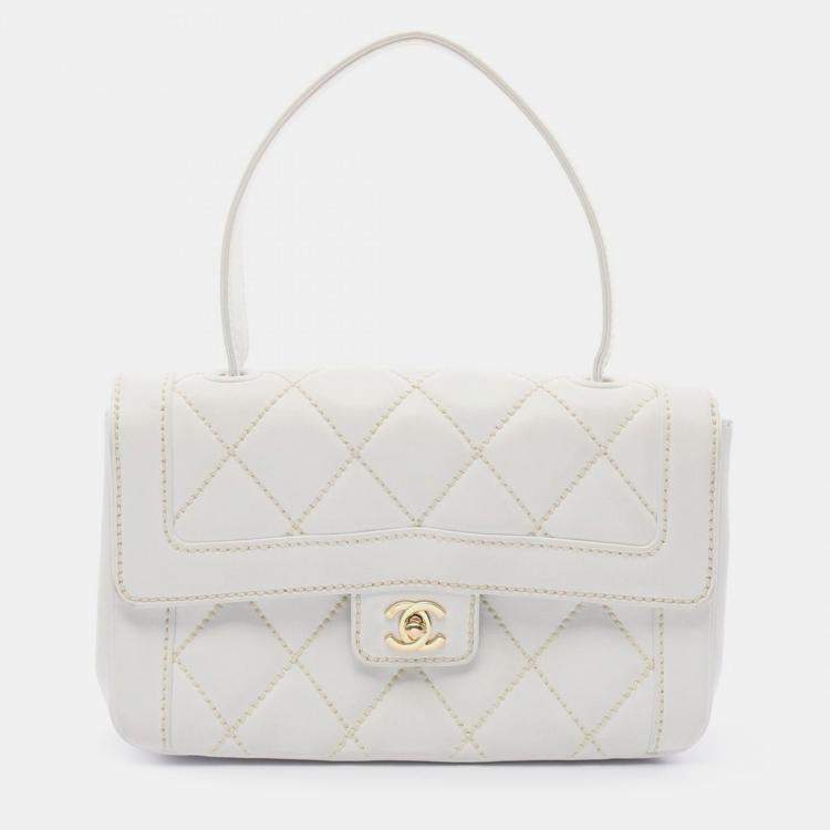 Pre Owned Chanel White Leather  Wild Stitch CC Coco Top Handle bag 