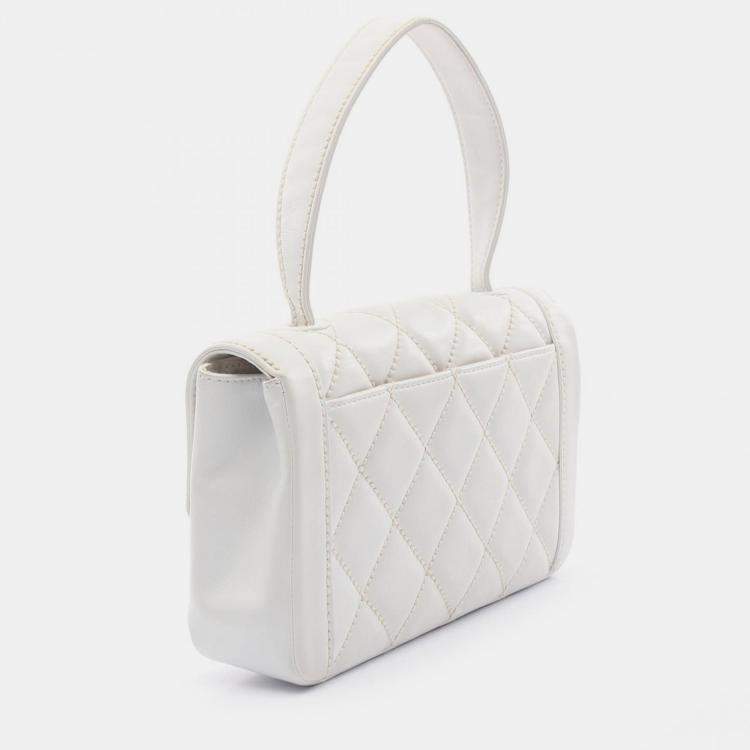 Pre Owned Chanel White Leather  Wild Stitch CC Coco Top Handle bag 