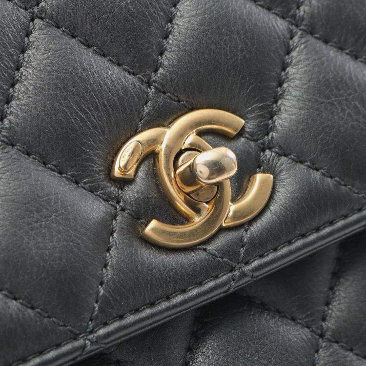 Pre Owned Chanel Black Lambskin Leather Top Handle Flap Bag 