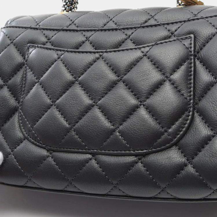 Pre Owned Chanel Black Lambskin Leather Top Handle Flap Bag 