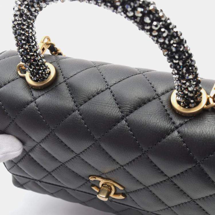 Pre Owned Chanel Black Lambskin Leather Top Handle Flap Bag 