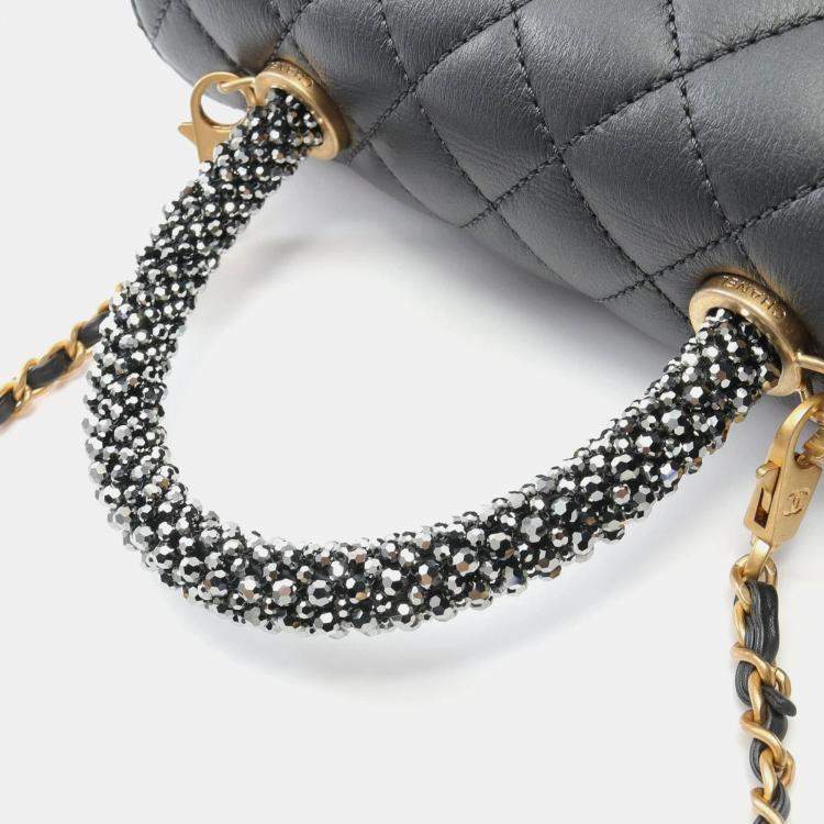 Pre Owned Chanel Black Lambskin Leather Top Handle Flap Bag 