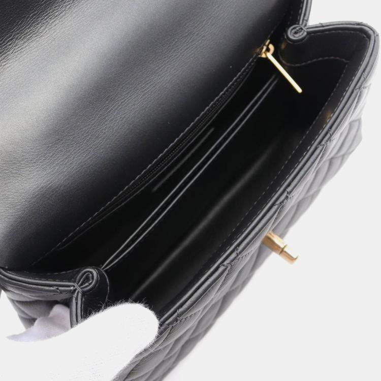 Pre Owned Chanel Black Lambskin Leather Top Handle Flap Bag 