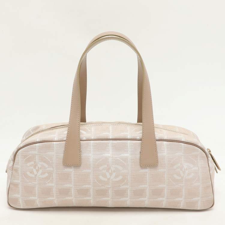 Pre Owned Chanel Beige Printed Nylon Travel Ligne Bowler Bag
