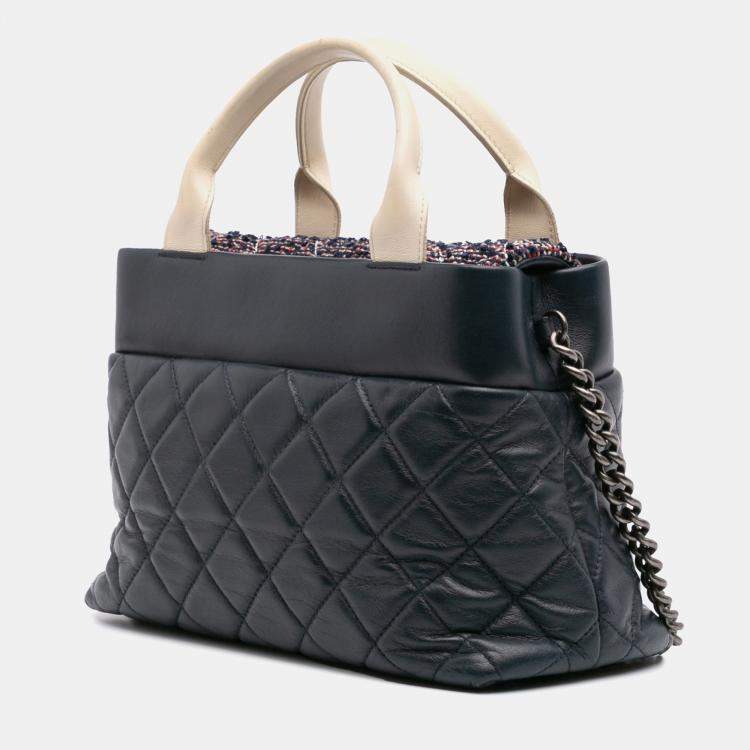 Pre Owned Chanel Navy Blue Small Quilted Calfskin and Tweed Top Handle Tote