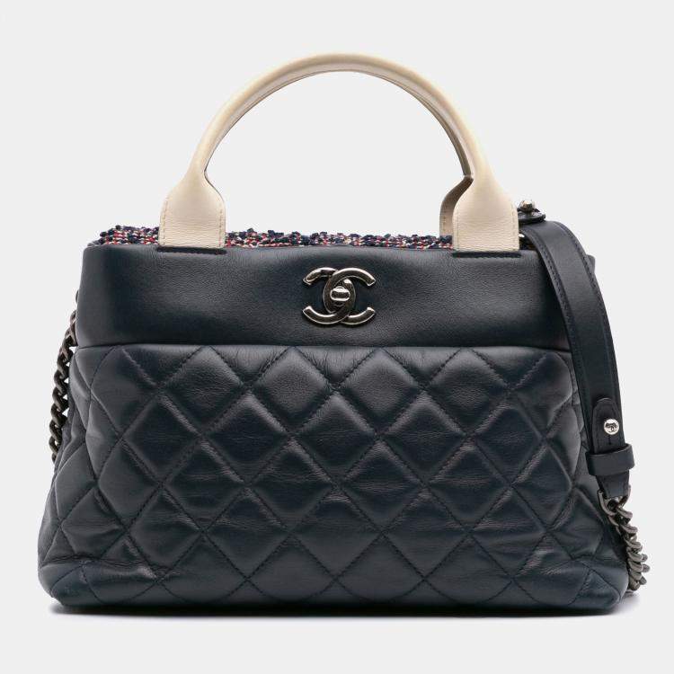 Pre Owned Chanel Navy Blue Small Quilted Calfskin and Tweed Top Handle Tote