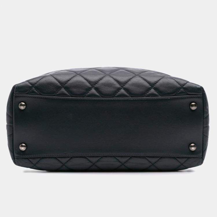 Pre Owned Chanel Navy Blue Small Quilted Calfskin and Tweed Top Handle Tote