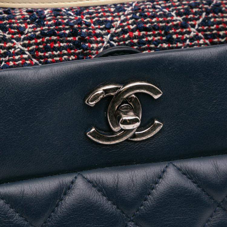 Pre Owned Chanel Navy Blue Small Quilted Calfskin and Tweed Top Handle Tote
