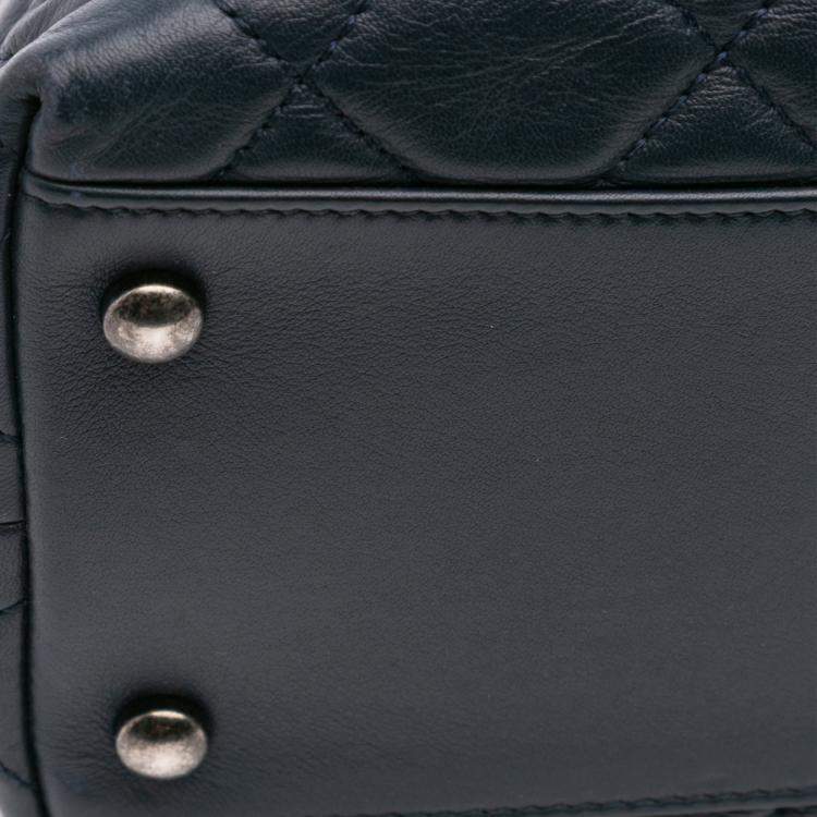 Pre Owned Chanel Navy Blue Small Quilted Calfskin and Tweed Top Handle Tote
