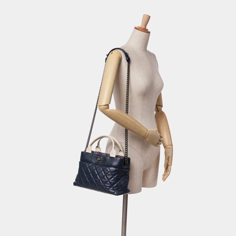 Pre Owned Chanel Navy Blue Small Quilted Calfskin and Tweed Top Handle Tote